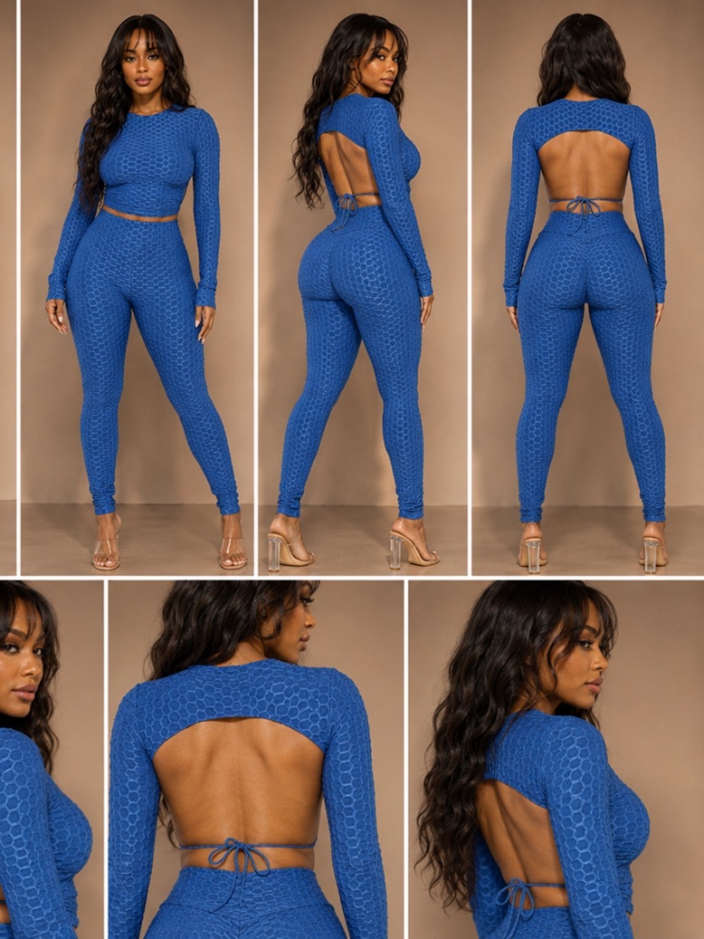 Blue Textured Open Back Crop Top Leggings Set 2 Piece Outfit